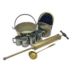 Victorian brass veterinary syringe, with wooden handle, inscribed 'to be returned to J.Cooke FRCV Scarboro' together with a brass jam pan, coal scuttle and spoon and four pewter tankards