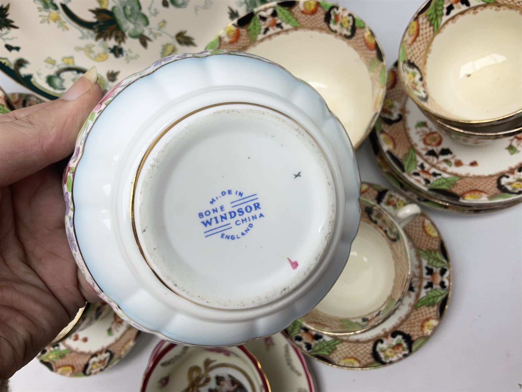 Calais Imari style part tea service, Mason's Chartreuse pattern plate, Arthur Wood Gaudy Welsh style coffee pot, and Victoria Ware teacup and saucer