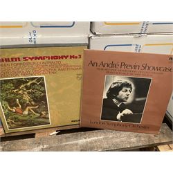 Collection of vinyl LP records in six boxes, mainly Classical, including Stravinsky Pulcinella, Andre Previn Music Night, Valerie Tryon, etc