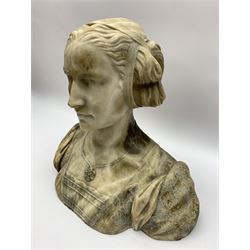 Carved marble bust modelled as a female figure, upon named marbled base with canted corners, excluding base H33.5cm