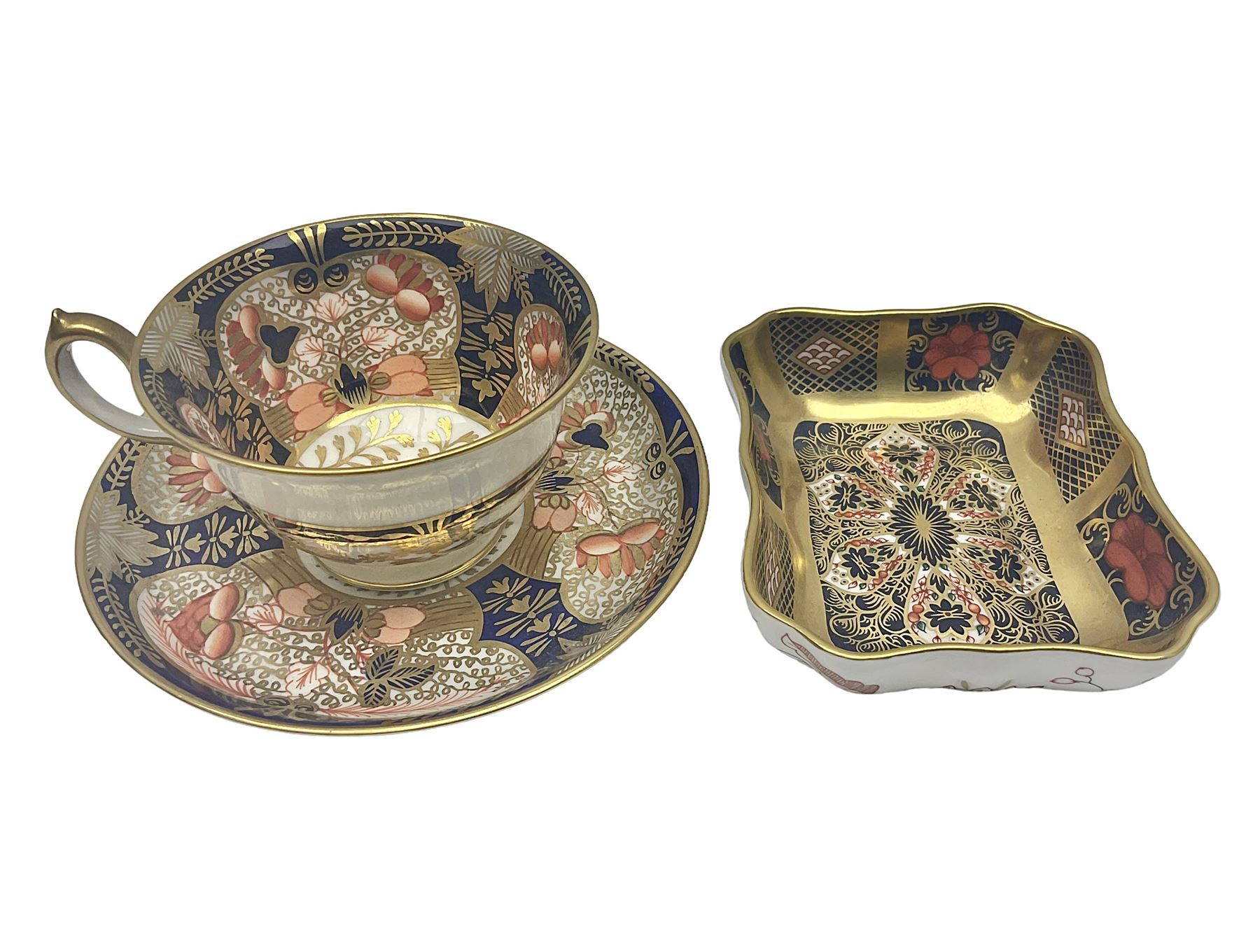 Royal Crown Derby Imari pattern 4971, cup and saucer, circa 1913, together with Royal Crown Derby Imari pattern 1128, trinket dish, circa 1978, both with printed mark beneath 