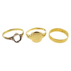 Victorian 22ct gold wedding band, makers marks 'B.B' of 'HULL', Birmingham 1883, 18ct gold signet ring and one other 18ct ring, all hallmarked