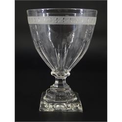 Set of six 19th century glass rummers, the part slice cut bowls with engraved band decoration, upon short octagonal faceted stems and square bases, H13.5cm