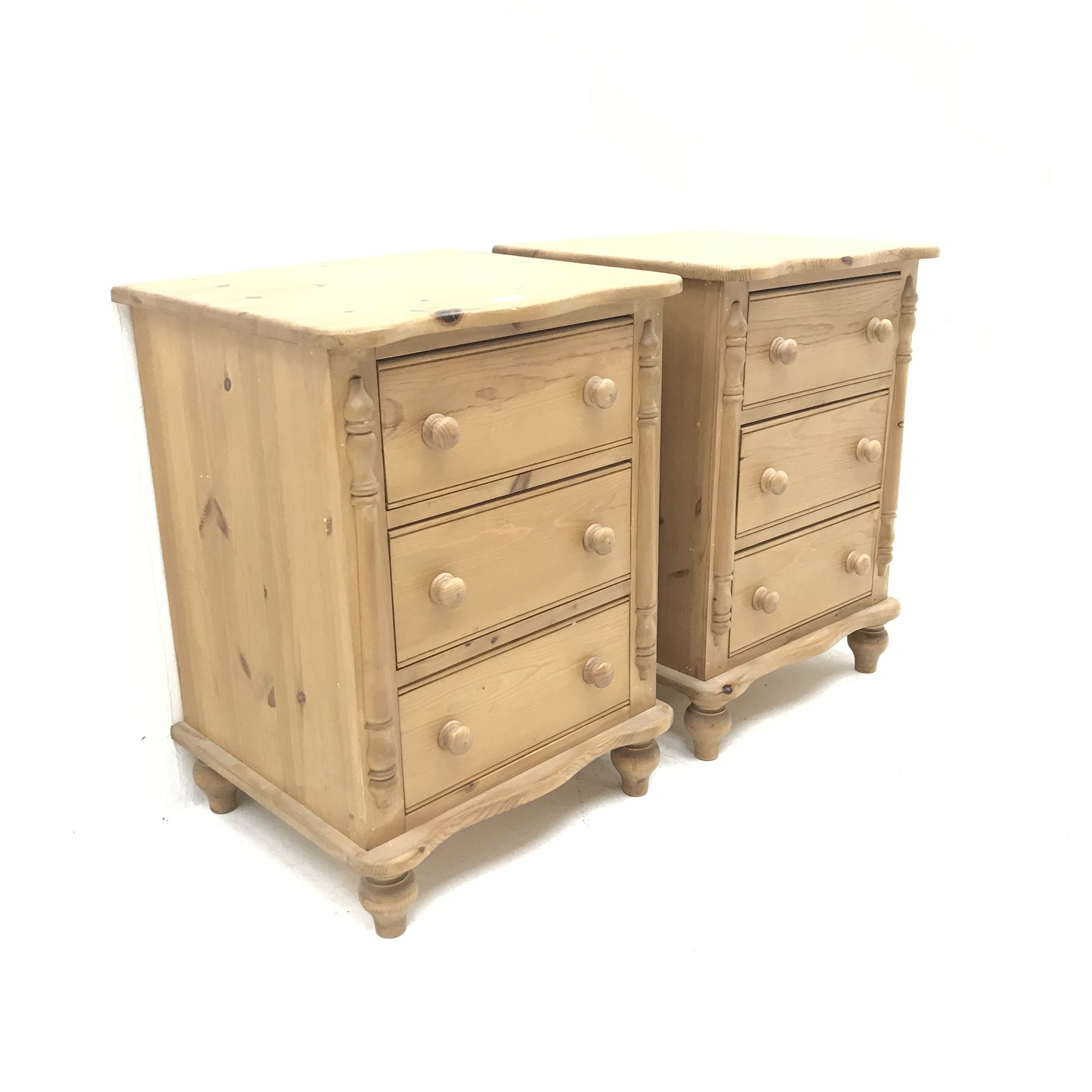 Pair solid pine bedside chests, three drawers, turned supports, W49cm