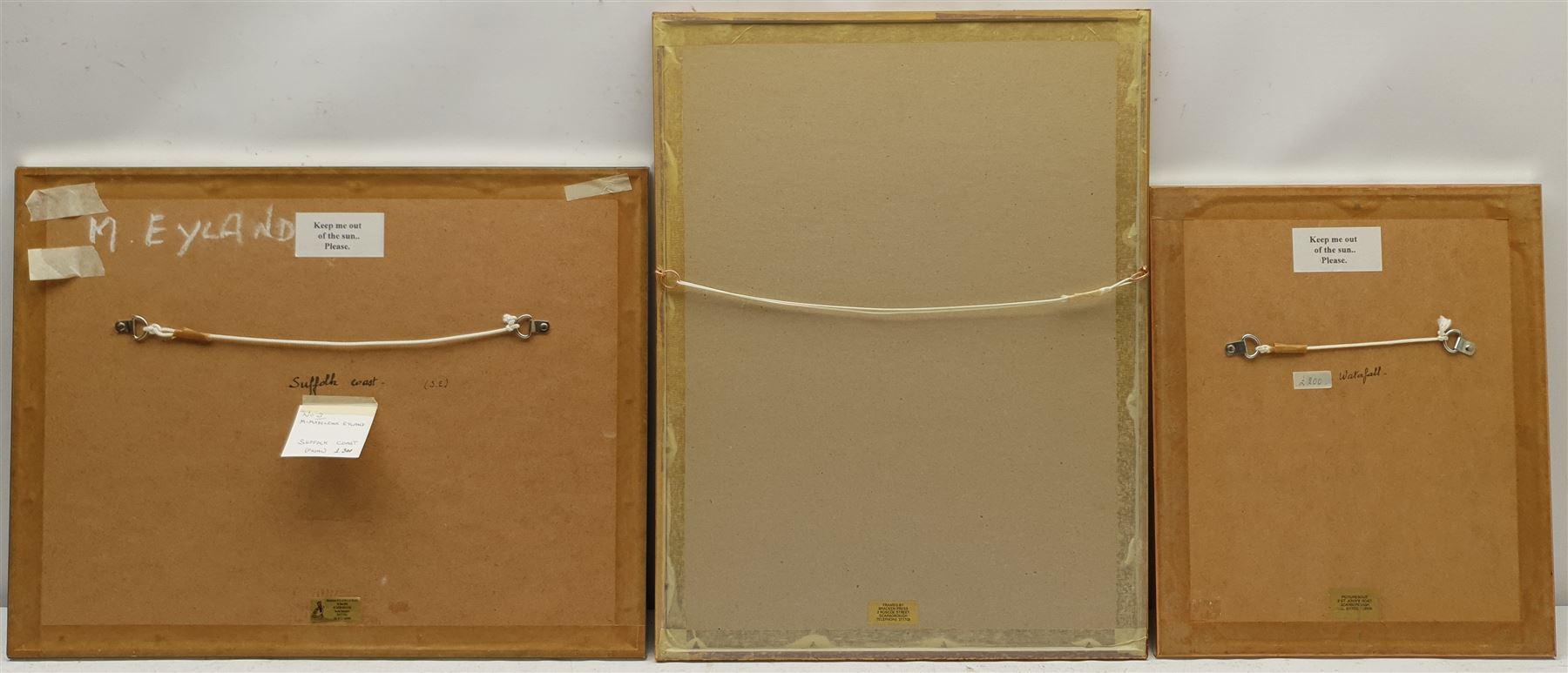 Madeleine Eyland (Belgian/British 1930-2021): 'Suffolk Coast', Marshy Landscape and 'Waterfall', three pastels signed, max 38cm x 26cm (3) 
Provenance: artist's studio collection. Marie-Madeleine Eyland (neé Legrain) was born in 1930 at Floriffoux, Belgium; she lived most of her life in Scarborough working as a nurse and an artist.