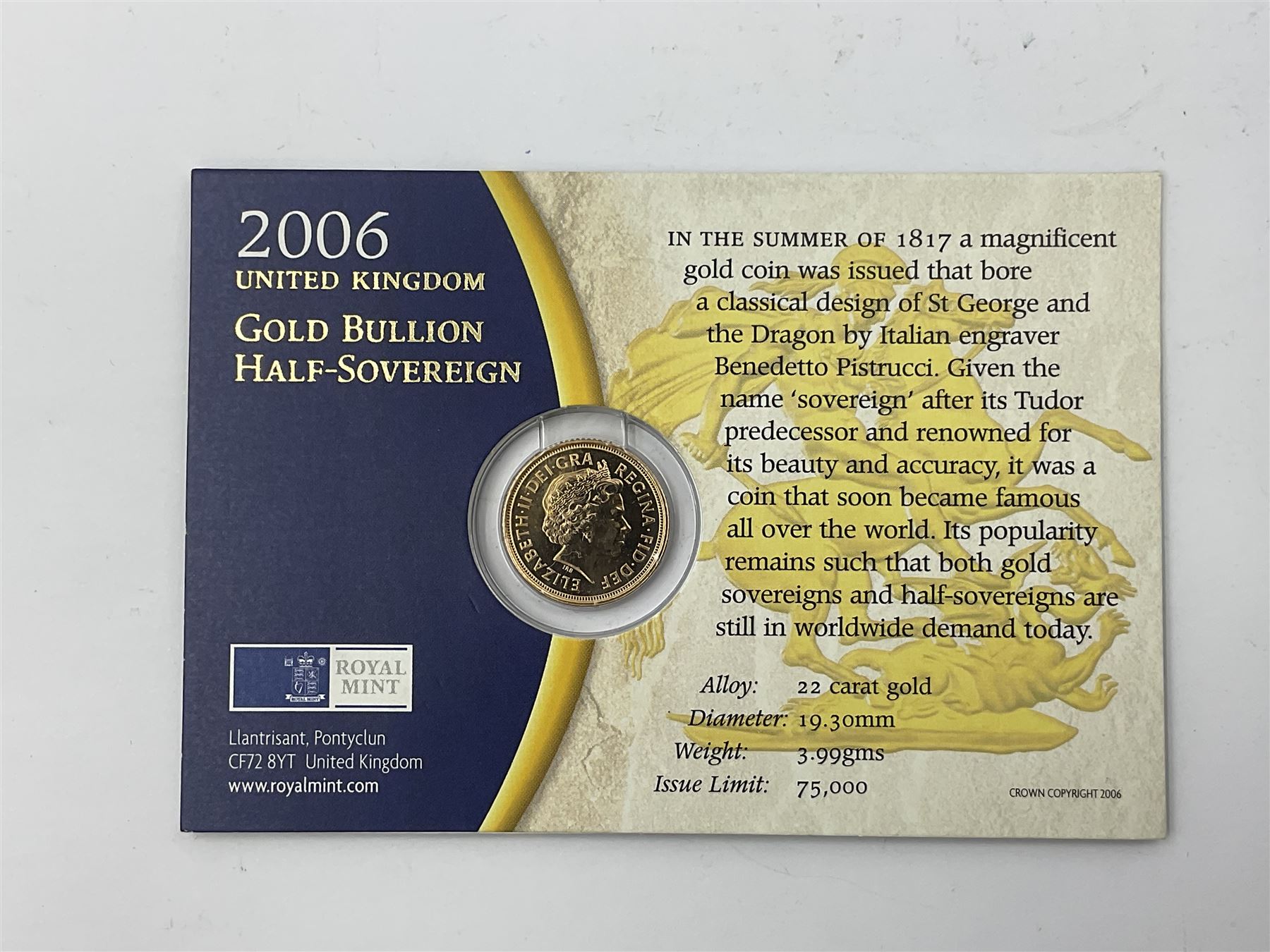 Queen Elizabeth II 2006 gold half sovereign coin, on card
