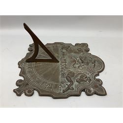 18th Century style cast bronze wall sundial, decorated with Neptune riding a chariot drawn by two sea horses, with spurious date of 1705, H34cm
