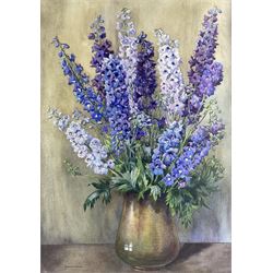 Florence Raingill Walker (British fl.1934-1937): Purple Delphiniums, watercolour signed 77cm x 54cm 