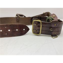 British Army Officers Sam Browne leather belt with shoulder strap; and webbing belt with Potter London Staybrite buckle for 19th Regiment of Foot (Green Howards) with various markings (2)