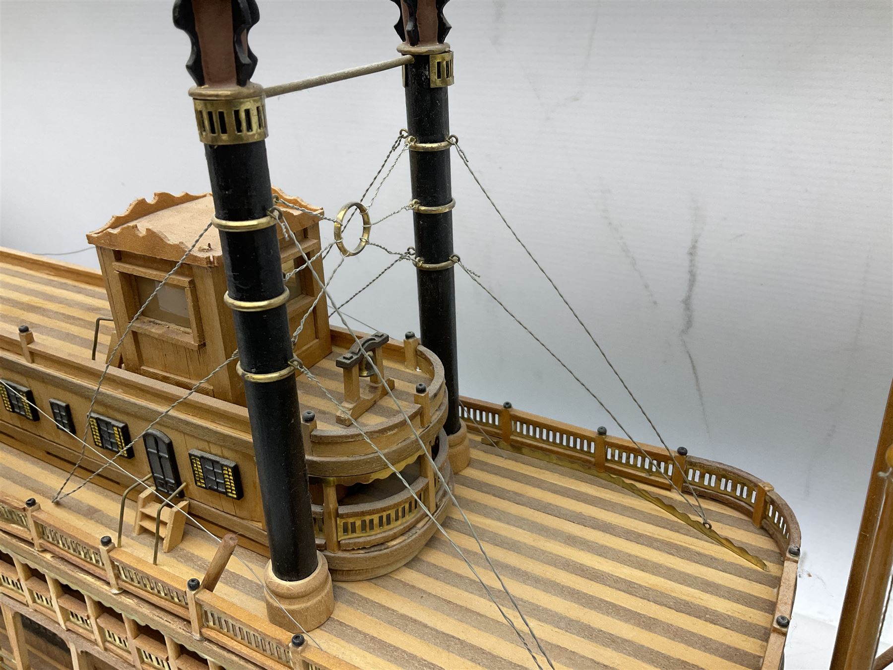 Hand built model of a river paddle steamer 'King of the Mississippi' and a sailing ship with three masts and unfurled sails, largest example H80cm, L101cm