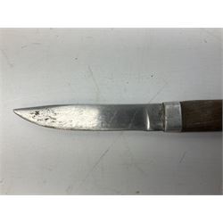 Burmese dha dagger with 15cm steel blade, white metal ferrule and horn handle, in white metal and filigree scabbard L30.5cm; a Burmese long bladed knife with horn handle and brass mounted teak scabbard; and another Eastern dagger in sheath (3)