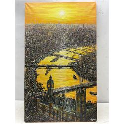 Alvaro Rodriguez (Spanish Contemporary): Aerial View of the Thames at London, impasto oil on canvas signed, artist's address card verso 76cm x 46cm