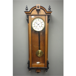  Late 20th century walnut and ebonised cased Vienna style wall clock, twin train movement striking on coil, H110cm  