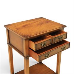 Georgian design mahogany lamp table, fitted with three small drawers, raised on square supports united by a full length undertier