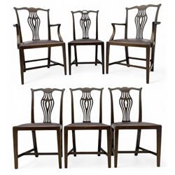 Set of six (4+2) 19th century Chippendale-design mahogany dining chairs, shaped cresting rail over pierced bulbous vase-shaped splat, burgundy leather upholstered seats with brass stud trim, on square tapering supports united by H-stretchers