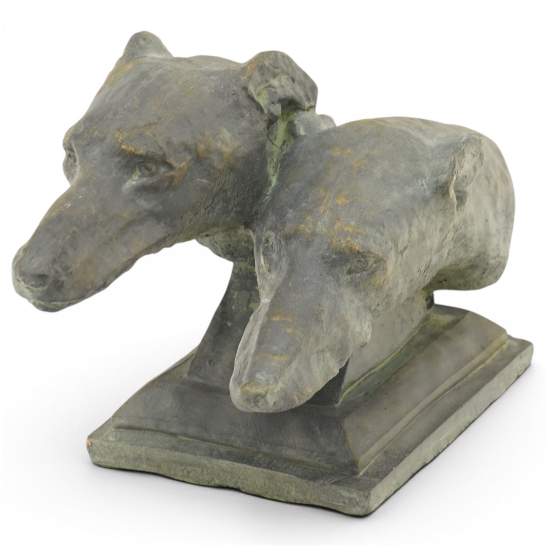 Composite stone statue group of two greyhound heads on stepped plinth base, in antique bronze finish