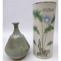  Chinese cylindrical brush pot painted with figures and foliage with script, H28cm and Celadon glazed mallet shaped vase (2)  