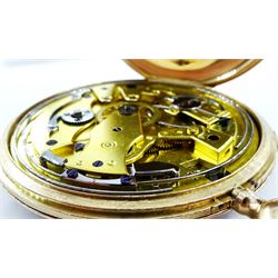 18ct gold open face key wound quarter repeating Swiss lever pocket watch by Garni en Pierre, No. 5090, the gold dust cover inscribed 'Echappement Libre a Ancre', plunge repeat in the pendant, silver engine turned dial with Roman numerals and subsidiary seconds dial