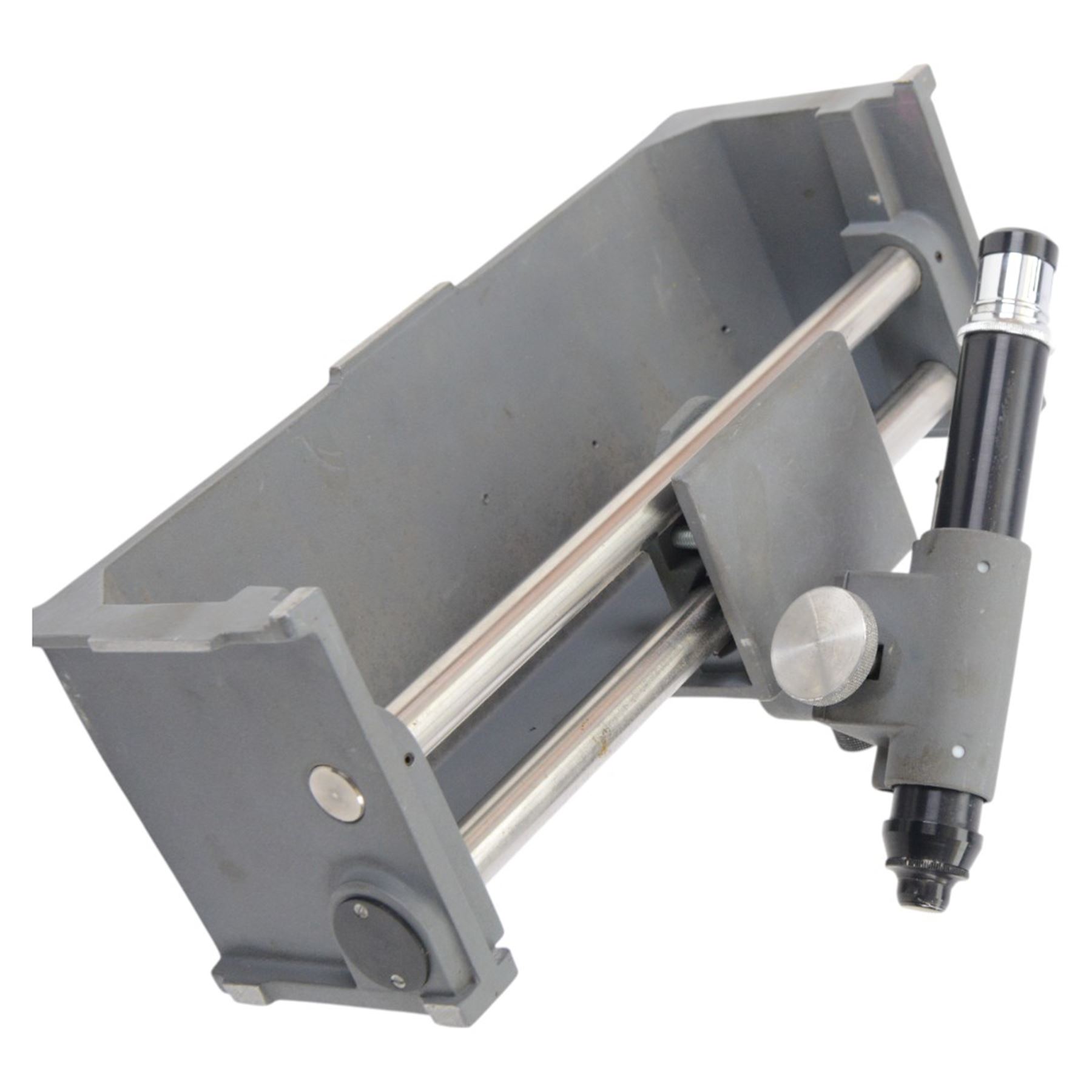 Three microscopes, including Griffin Student Vernier Microscope, Vickers Instruments binocular microscope with Leitz Wetzlar Periplan 10x lenses, and a Carl Zeiss Jena binocular microscope in a wooden Olympus Tokyo box