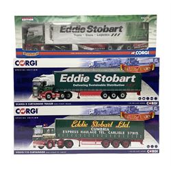 Corgi Eddie Stobart - two Special Edition Hauliers of Renown lorries; CC13749 Scania R Curtainside Trailer and CC15508 Volvo F10 Curtainside; and limited edition Hauliers of Renown CC13801 Mercedes-Benz Actros Fridge Trailer; all boxed (3)
