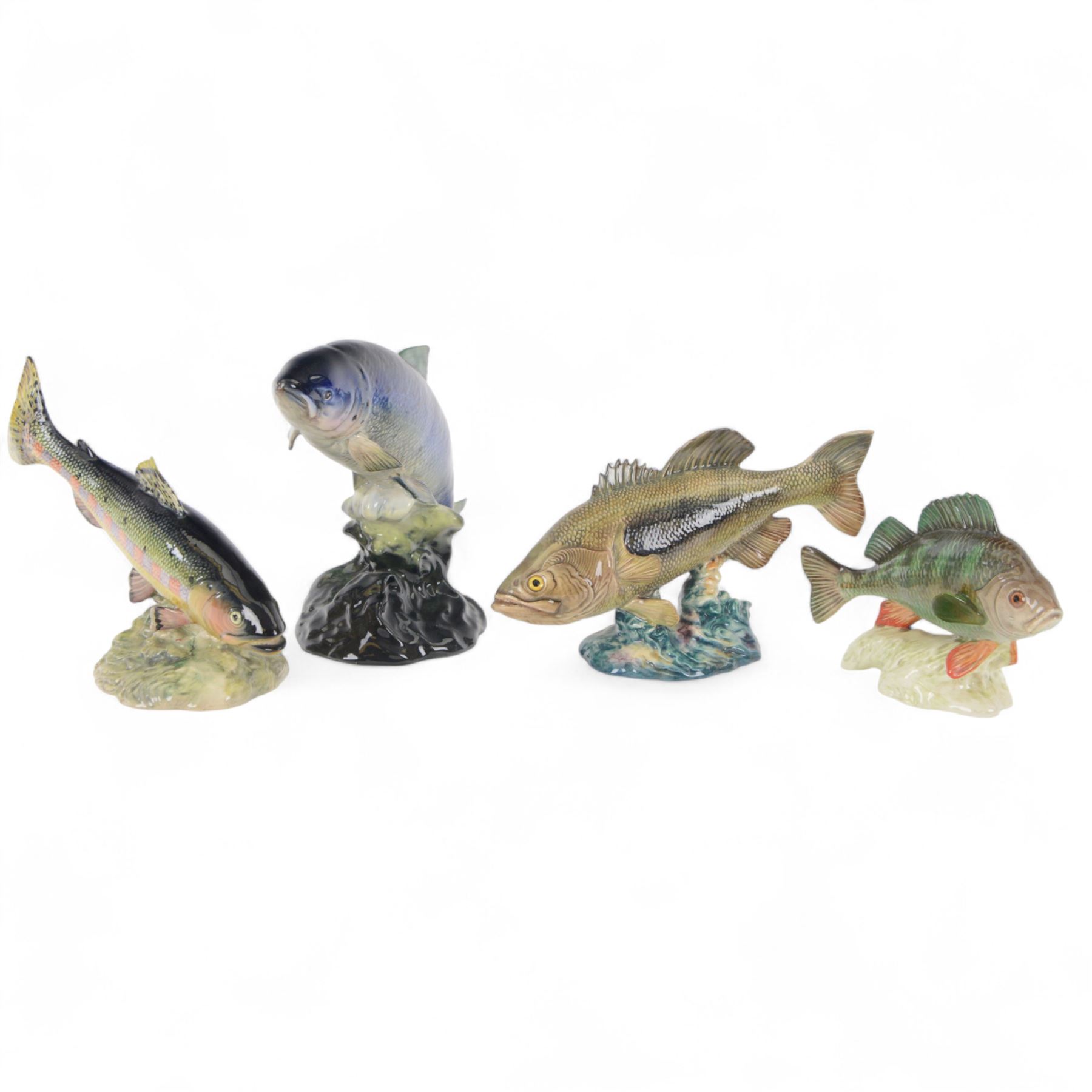 Beswick, four fish figures, comprising Large mouthed Black Bess 1266, Perch 1875, Atlantic Salmon 1233 and Rainbow Trout 1246