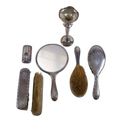 Silver mounted five piece dressing table set, including hand mirror, two hair brushes and ...