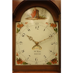  Early 19th century oak and mahogany banded longcase clock, hood with swan neck pediment with turned finial, enamel dial painted with flowers and maiden in garden scene, signed 'W. Raw, Whitby', 30-hour movement striking on bell, H221cm  