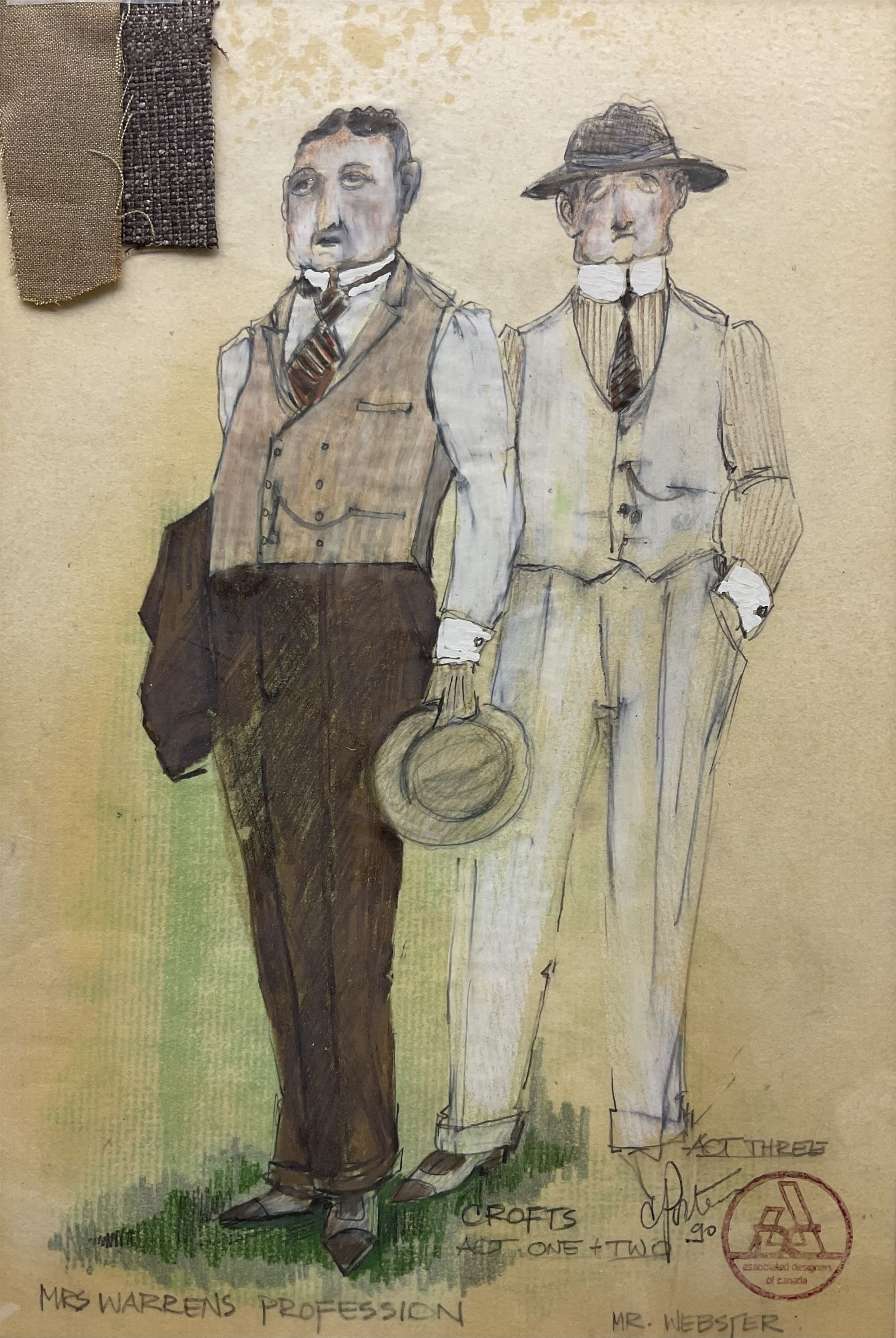 John Cameron Porteous (Canadian 1937-): 'Mrs Warren' 'Vivien' 'Crofts' and 'Rev Samuel Gardner', set four Play Wright pictures from 'Mrs Warren's Profession' signed titled and dated '90, 29cm x 20cm (4)