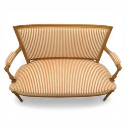 20th century Louis XVI style beech salon suite, comprising settee and four chairs, the settee with shaped rectangular back and upholstered arms over a shaped seat, the chairs with rectangular backs and overstuffed seats, each upholstered in striped fabric with close-nailed borders, upon fluted tapering supports headed by carved paterae, terminating in toupie feet, chairs H89cm W47cm