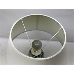 India Jane table lamp, decorated with blue birds and floral vines upon a white ground, fitted with a cream lampshade, H62cm 