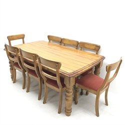 Malaysian plank top dining table, turned supports (W179cm, H76cm, D106cm) and set eight dining chairs, turned supports, upholstered seat (W49cm)