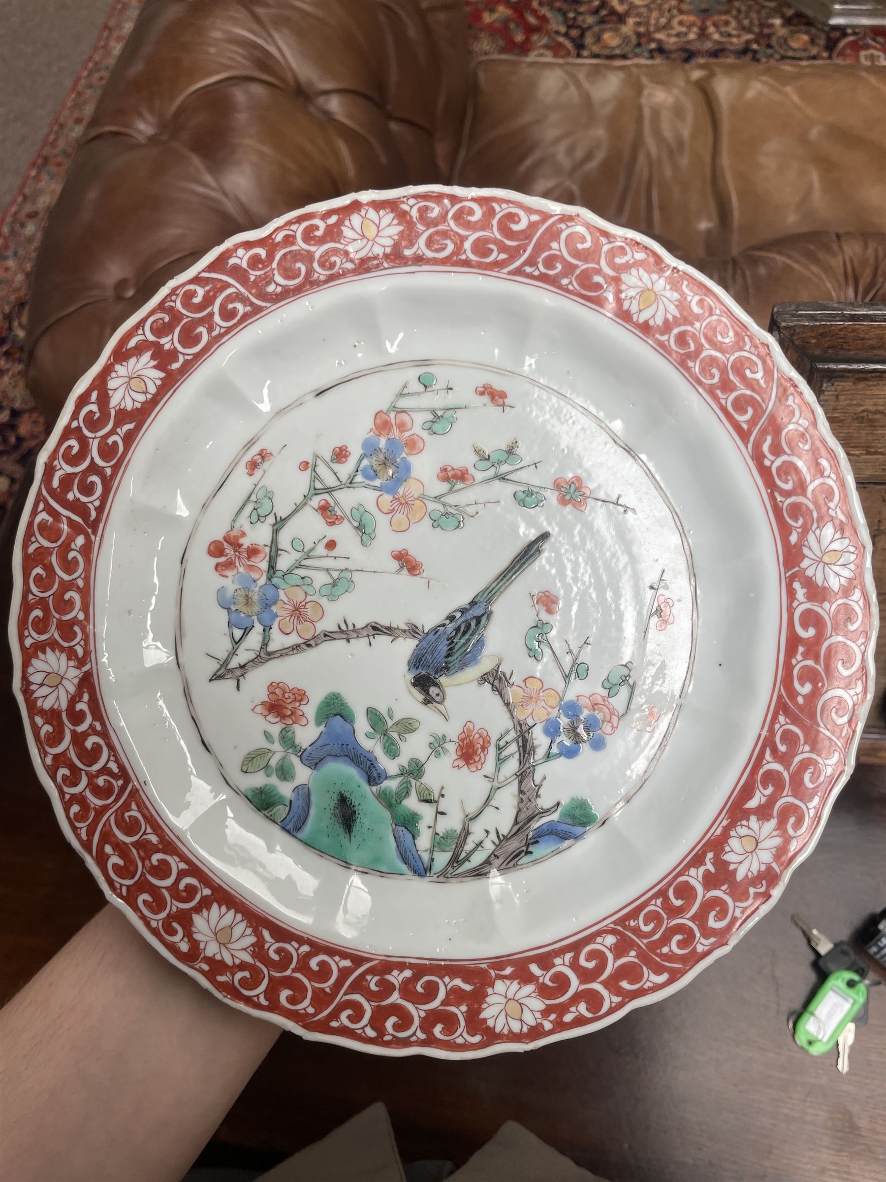 Chinese Kangxi famille verte plate, decorated with a bird perched upon a blossoming branch, within an iron red foliate border, D22cm