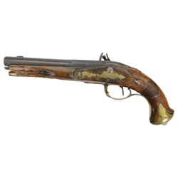 19th century flintlock pistol, the 18cm barrel with ram rod under, chequered walnut stock with brass butt cap, L32cm