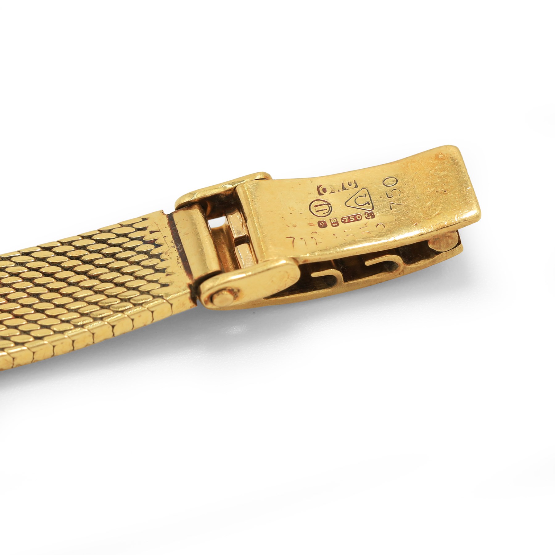 Omega ladies 18ct gold manual wind wristwatch, Cal. 650, champagne dial with baton hour markers, Helvetia hallmark, on integral 18ct gold bracelet, Helvetia hallmark with London import mark 1971