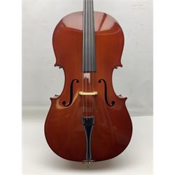 Gear4Music three-quarter sized cello with 70cm one-piece back and spruce top; bears maker's label; L112cm overall; in soft carrying case with Erich Steiner bow