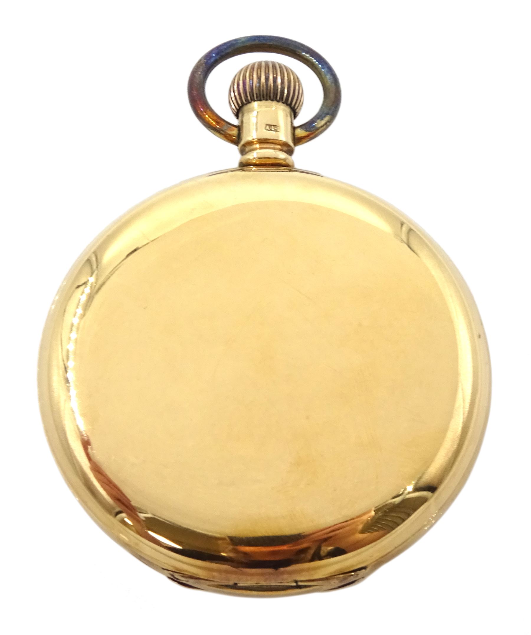Early 20th century 9ct gold full hunter, keyless 'Traveler' lever pocket watch by American Watch Company, Waltham, No. 14765271, white enamel dial with Roman numerals and subsidiary seconds dial, case by Dennison, Birmingham 1907