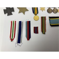 Sixteenth Lancers helmet plate; seventeen replica medals including three VCs, Air Crew Europe Star, WW2 and later; and twelve replica miniature medals with quantity of additional ribbons