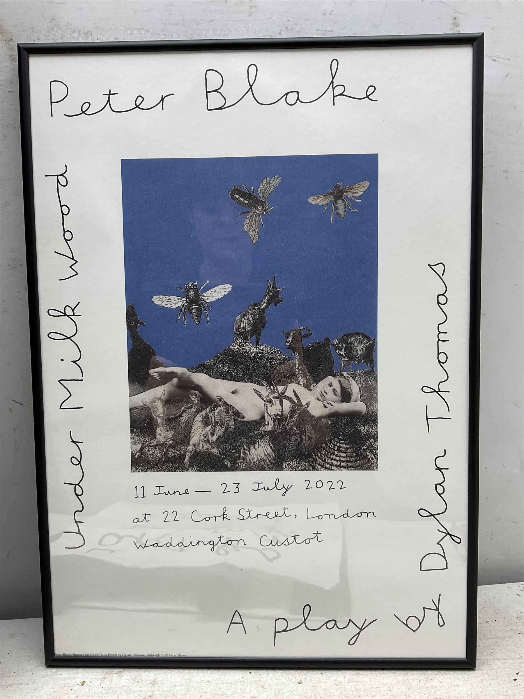 Peter Blake (British 1932-): 'H' and 'E' Postcards from 'An Alphabet' series, signed; together with two posters 'Peter Blake - Sculpture and Other Matters' and 'Under Milk Wood', and a 'Books are my Bag' tote bag (5)