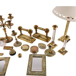 Collection of brassware, including Corinthian column table lamp, candelabra, candlesticks etc 
