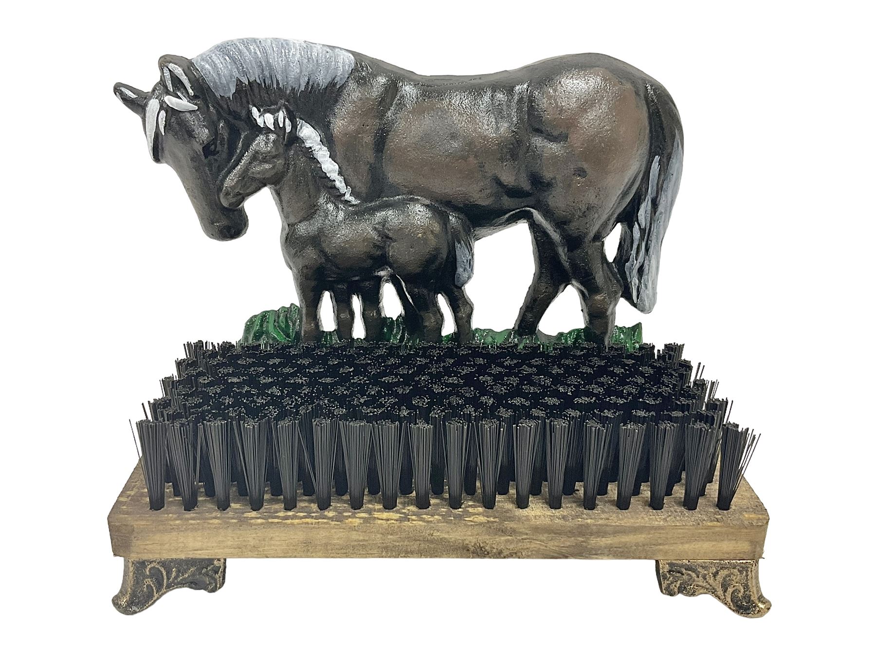 Cast iron horse and foal boot brush on wooden base, H25 cm