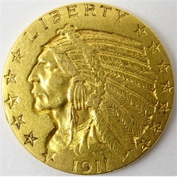  United States of America 1911 gold five dollar Indian head coin  