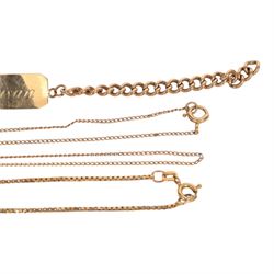9ct gold jewellery, comprising ID bracelet, box link bracelet, single stud earring and a 10ct gold chain