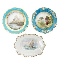 Royal Worcester Elizabeth Vase, H21cm; together with a Royal Crown Derby rectangular serving dish, painted with a shipping scene by WEJ Dean, W28cm, a Davenport plate painted with St Michaels Mount, D24cm, and a Minton plate painted with fruit by F Walklett, D23cm (4)