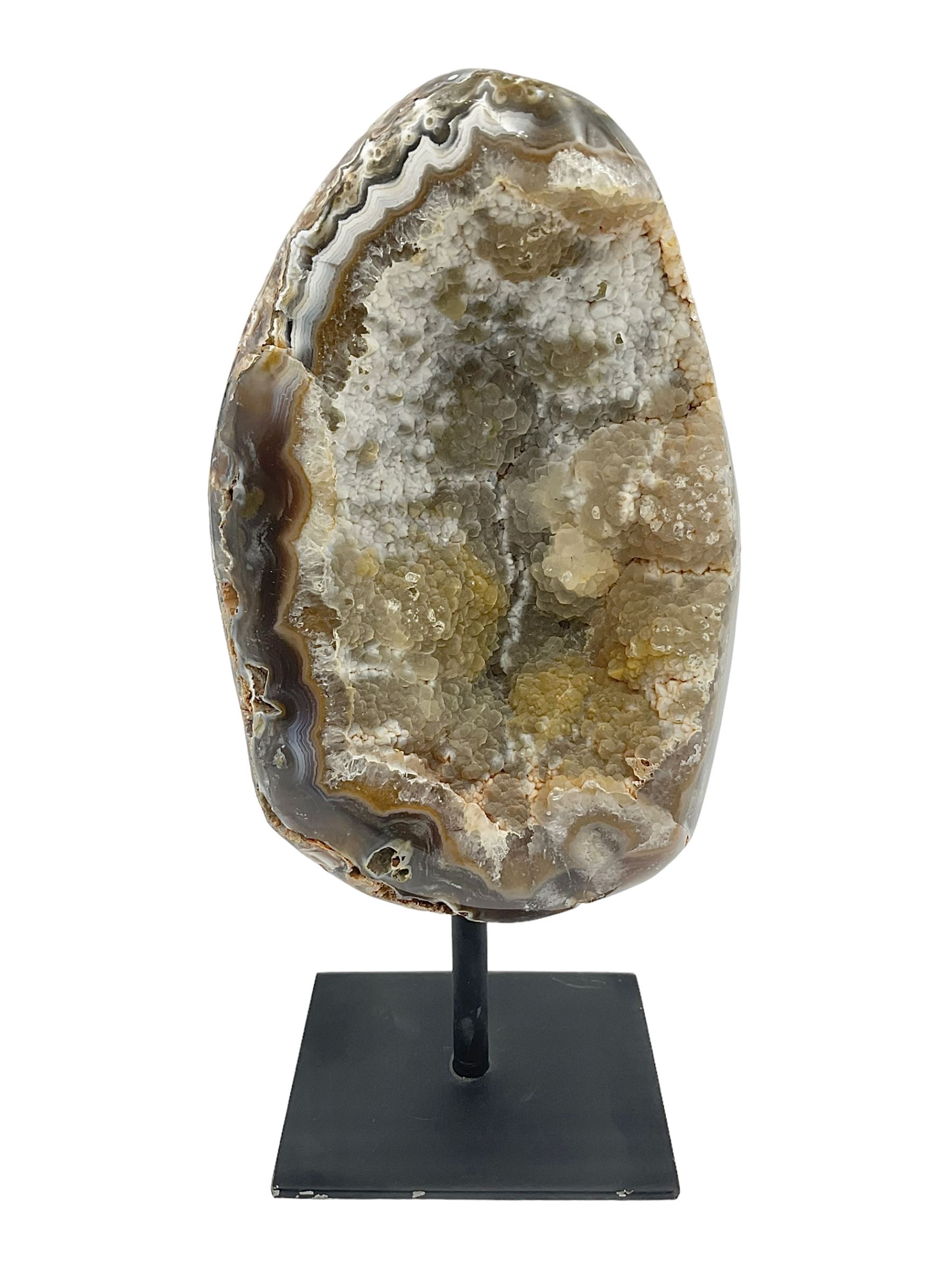 Agate crystal geode cluster, in brown and purple tones, upon a metal stand, H26cm