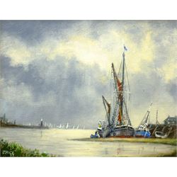 Jack Rigg (British 1927-): 'Storm Ahead' - Boats Moored in an Estuary, oil on board signed 20cm x 25cm
