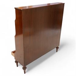 Mahogany waterfall bookcase, fitted with two fixed shelves over two drawers, the drawers with satinwood bands and turned handles, on turned tapering feet 