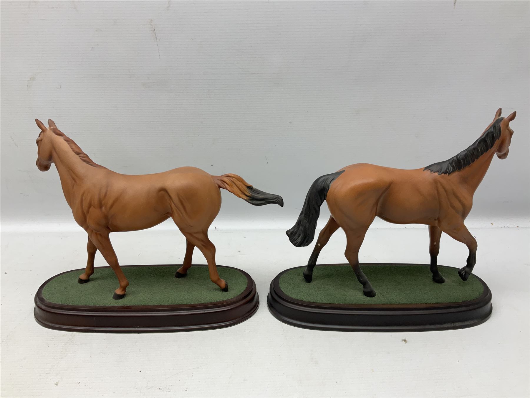 Collection of Beswick horse figures, to include Red Rum on a wooden plinth,  Lammtarra on oval plinth, Morgan Horse Black and three others, together with Royal Daulton Appaloosa Foal and a USSR horse