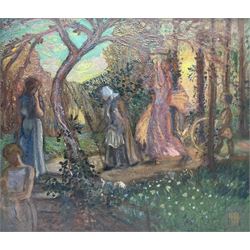 James Joshua Guthrie (Scottish 1874-1952): Figures in the Woods, oil on board unsigned, attributed verso 46cm x 52cm