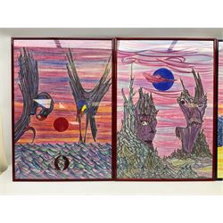 Dot Needham (British 20th century): 'Sun Strike' 'Sea Fence' 'Reflections' 'Broken Rock Moon' and 'Aztec Corridor', set five pastels signed and titled verso max 83cm x 59cm (5)