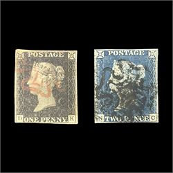  Great Britain Queen Victoria penny black stamp with red MX cancel and 1840 two pence blue stamp with black MX cancel